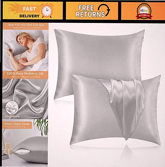 100% Mulberry Silk Pillowcase 2 Pack, 25 Momme, 600 Thread Count, Gray, Standard