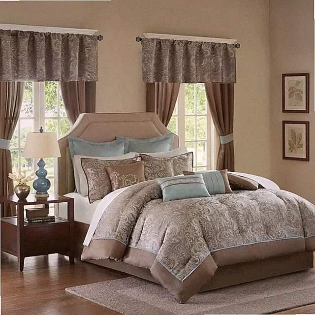 24 Piece Faux Silk Comforter Jacquard Paisley Matching Curtains Down Queen