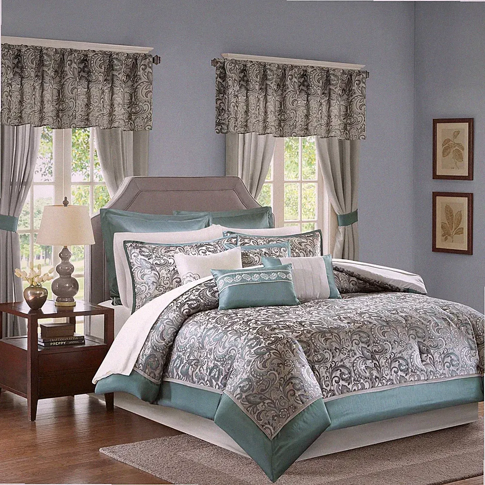 Faux silk bedding sets with matching window curtains
