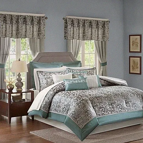 24 Piece Faux Silk Queen Comforter Set with Queen (90 in x 90 in) Paisley Teal