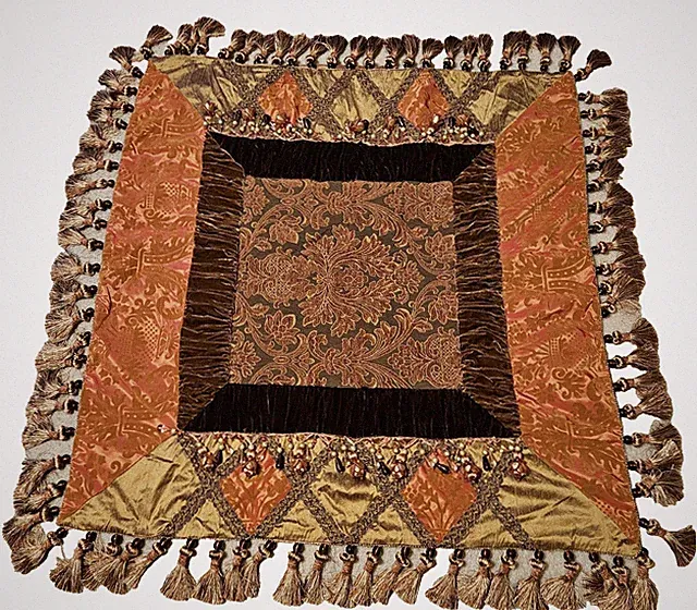 44"x44" Brown Orange Gold Silk Velvet Brocade Throw Blanket Tassels Beads Luxury