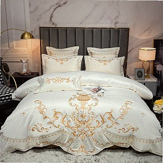 4pcs Bedding Set Real Silk Cotton Embroidery Quilt Cover Flat Sheet Pillow Shams
