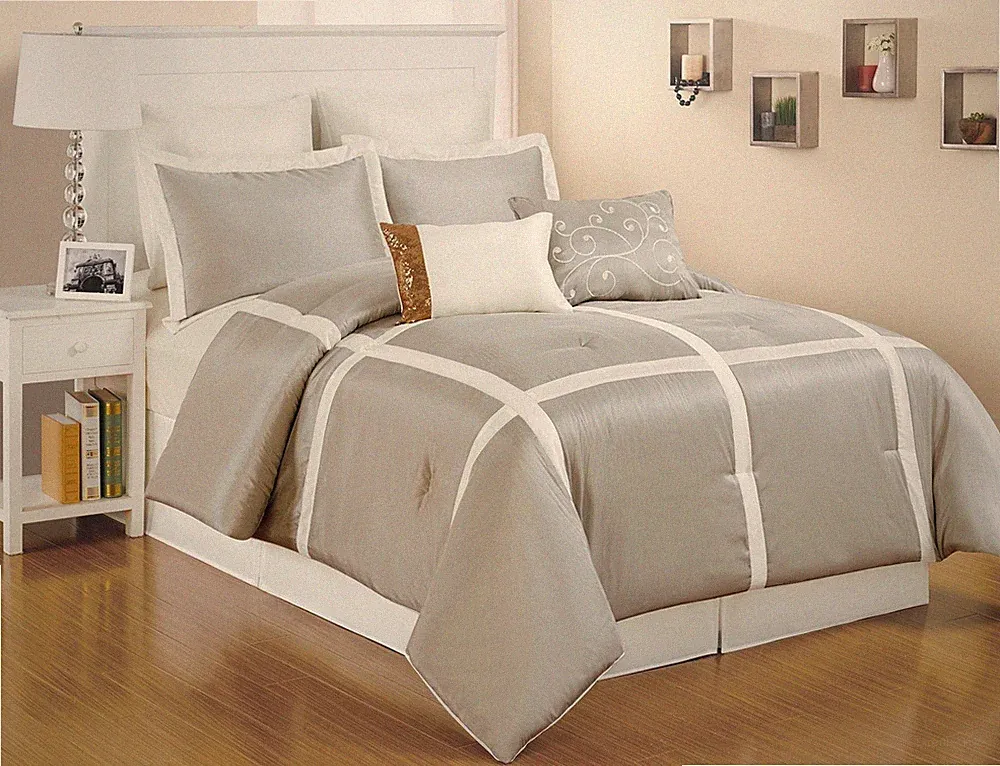 8pc Faux Silk, Light Taupe & White Striped Bedding Set Full, Queen & King Sizes