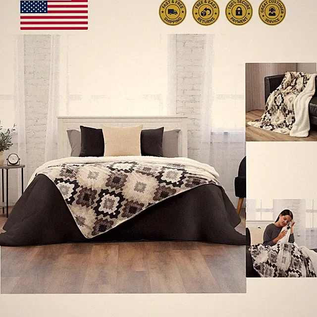 Ashford Home Cozy Silk Touch Ribbed Throw Blanket with Sherpa, Nadira Ikat 50...