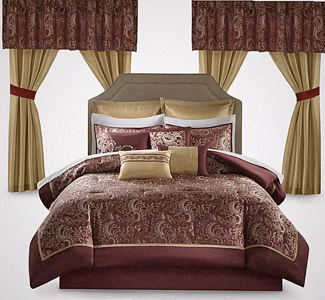 Brystol 24-Piece Queen Bedding Set with Curtains, Red Faux Silk Paisley Design