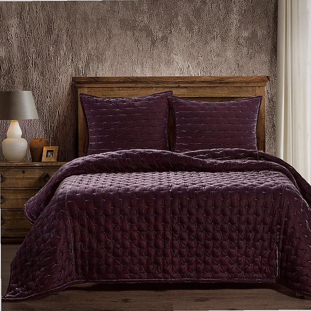 Dark Violet Stella Faux Silk Velvet Pintuck Country Full/Queen 3 Pc Quilt Set