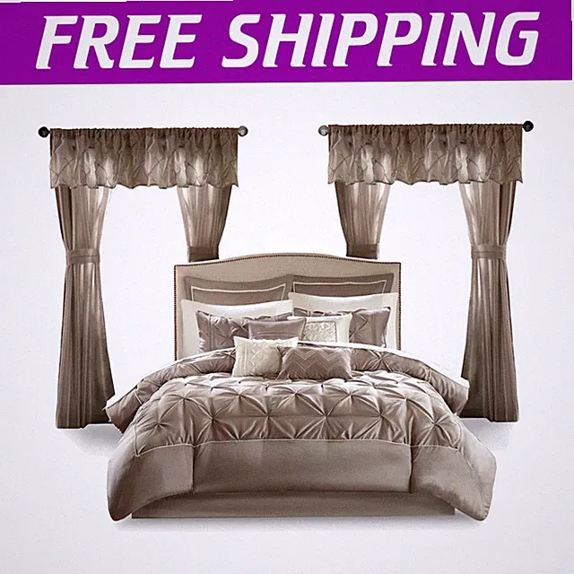 Elegant 24-Piece Room in a Bag Comforter Set with Matching Curtains - Taupe King