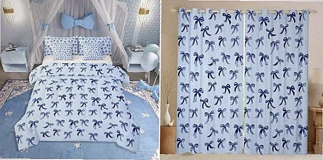 Elegant Queen Blue Bow 7-Piece Bedding Set with Blackout Curtains Included
