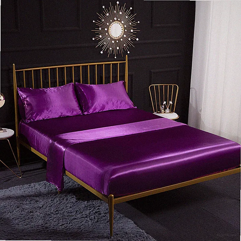 Faux Silk Satin Bedding Elastic Fitted Sheet Pillowcases Bed Cover Bedsheet