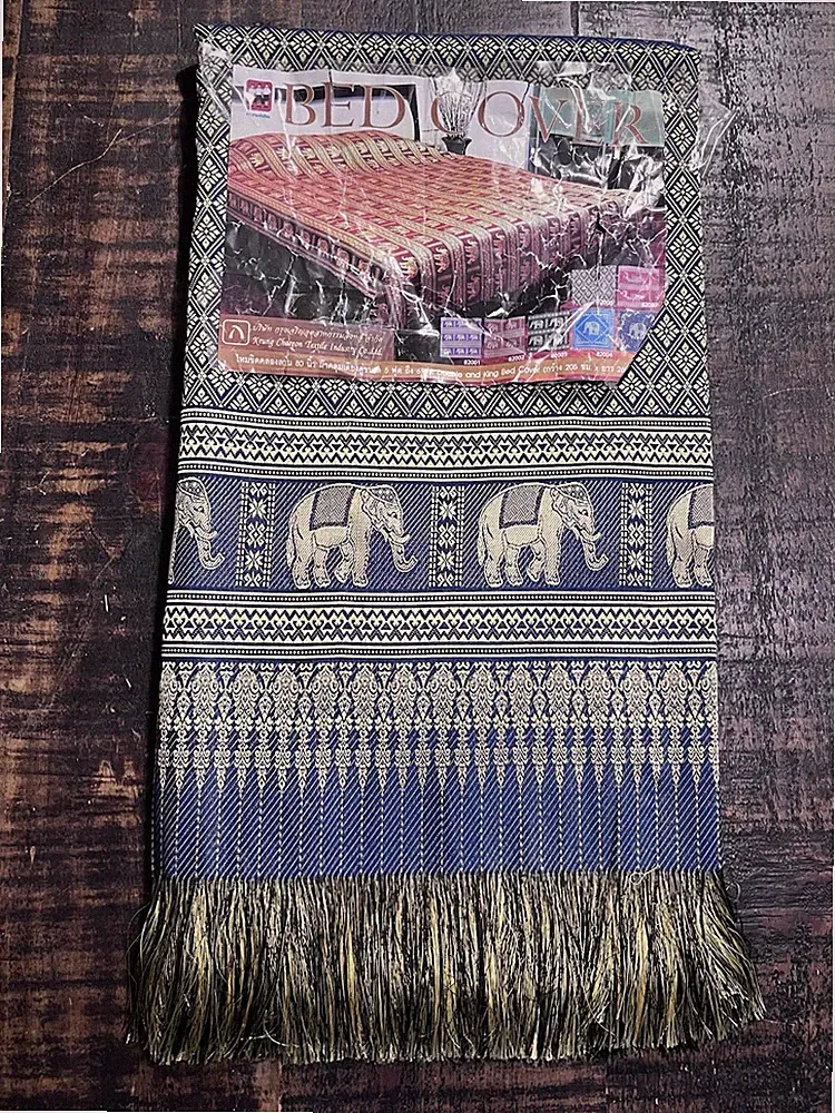 Handmade Double/King Elegant Geometric Elephant Bed Cover Faux Silk India New