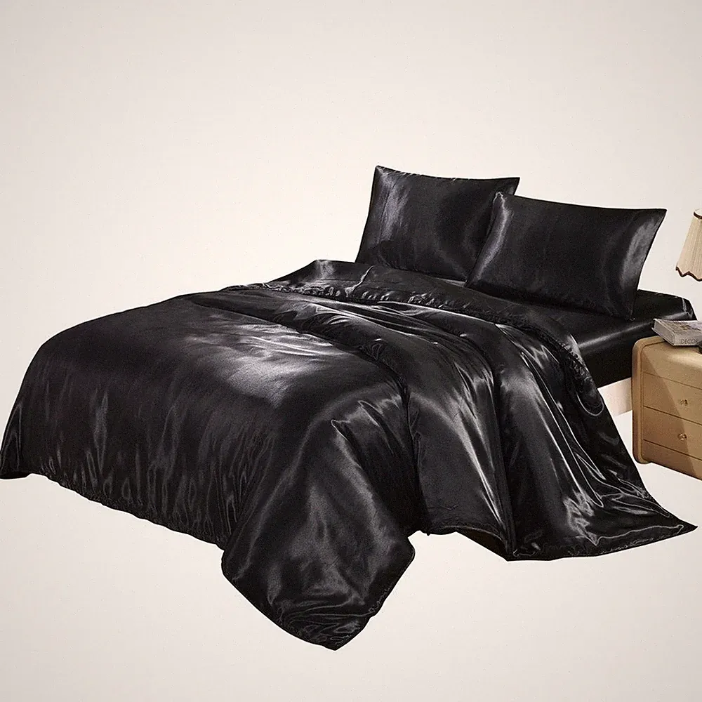Hotel Quality Black Duvet Cover Set Queen/Full Size Silk Like Satin Bedding w...