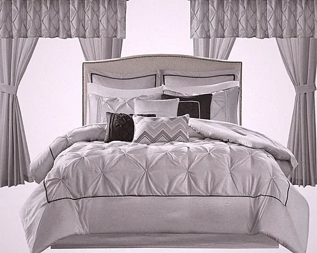 Luxe Faux Silk Comforter Set with Curtains & Pillows - Grey Queen 24 Piece