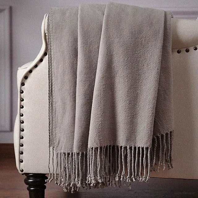Luxurious Gray Silk Throw Blanket with Hand-Knotted Fringe, Soft & Breathable