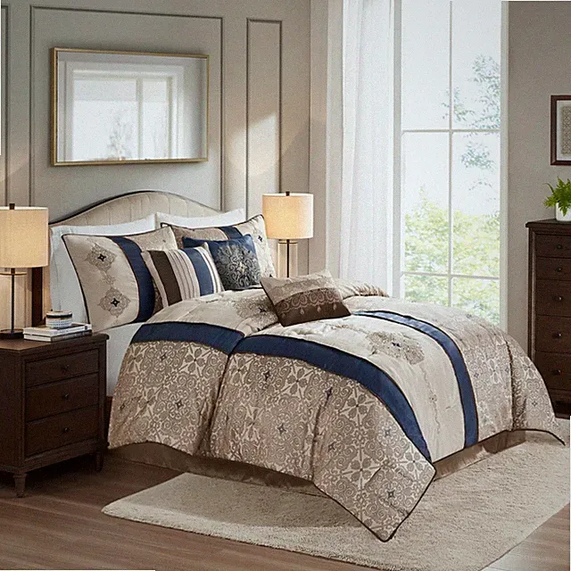 Luxurious Jacquard Comforter Set - All Season King, Faux Silk, 7 Piece, Navy