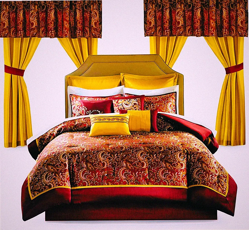 Madison Park 24 Piece Comforter Set King Red Faux Silk Jacquard Paisley Bedding