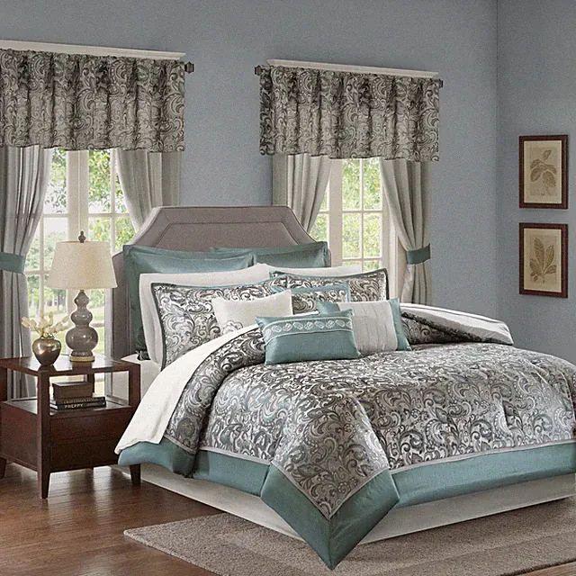 Madison Park 24 Piece Faux Silk Paisley Hypoallergenic Teal, Queen90 in x 90 in