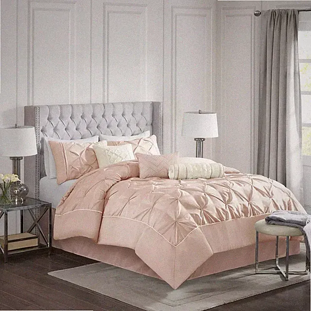 Madison Park Blush Piedmont Comforter Set (Queen) 7pc: Ruched Faux Silk, Luxery