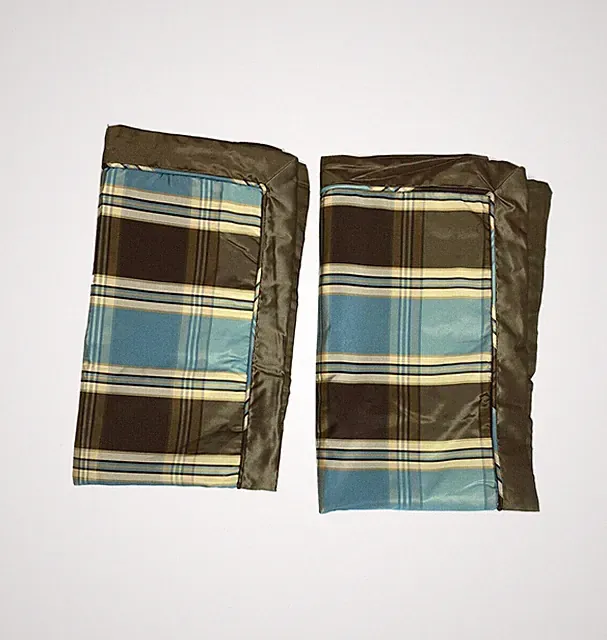 Pair of Ellison Home Luxury Shams Faux Silk 2 King Pillowcases Brown Blue Plaid