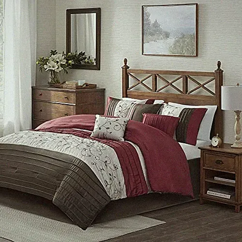 Serene Faux Silk Comforter Set - Floral Embroidery Design, All Queen Red
