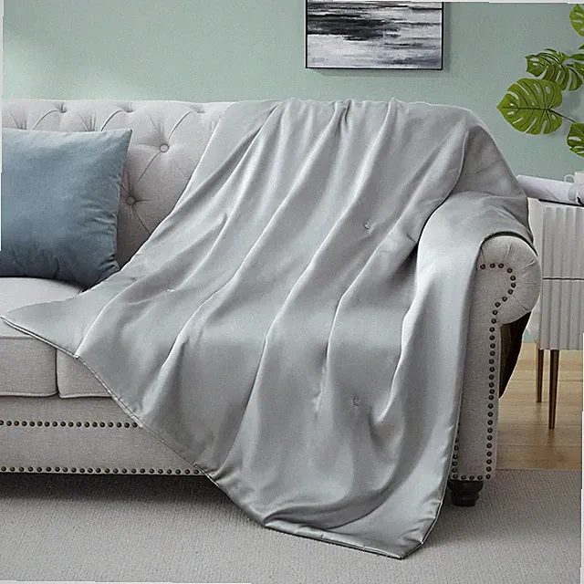 Silk Throw Blanket - Light Grey Cooling Packable Satin Blanket for Couch Bed C