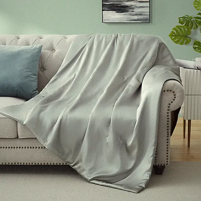 Silk Throw Blanket - Silver Grey Cooling Packable Satin Blanket for Couch, Be...
