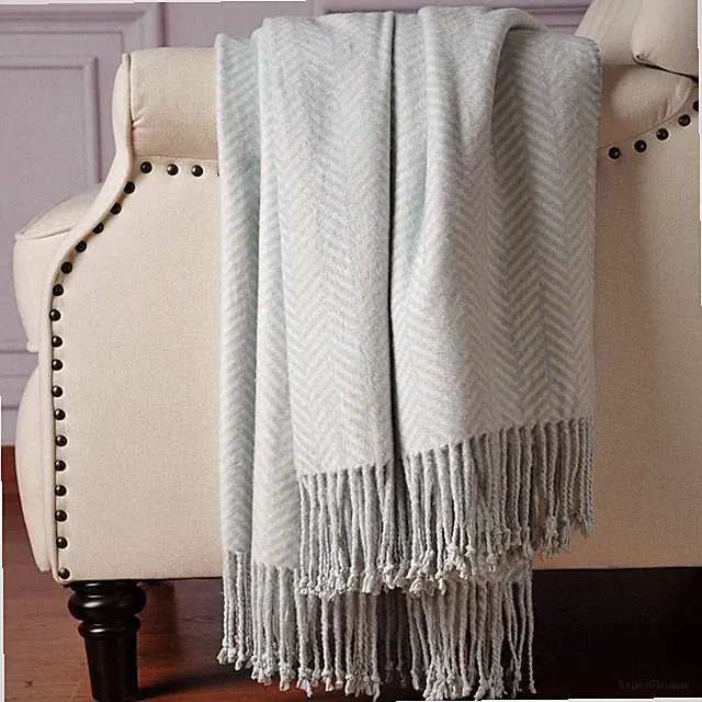 Silk Throw Blanket with Hand-Knotted Fringe, Natural, Soft & Breathable (Herring