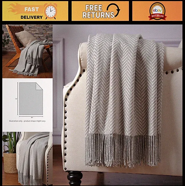 Soft Silk Throw Blanket with Hand-Knotted Fringe, Breathable Herringbone Design