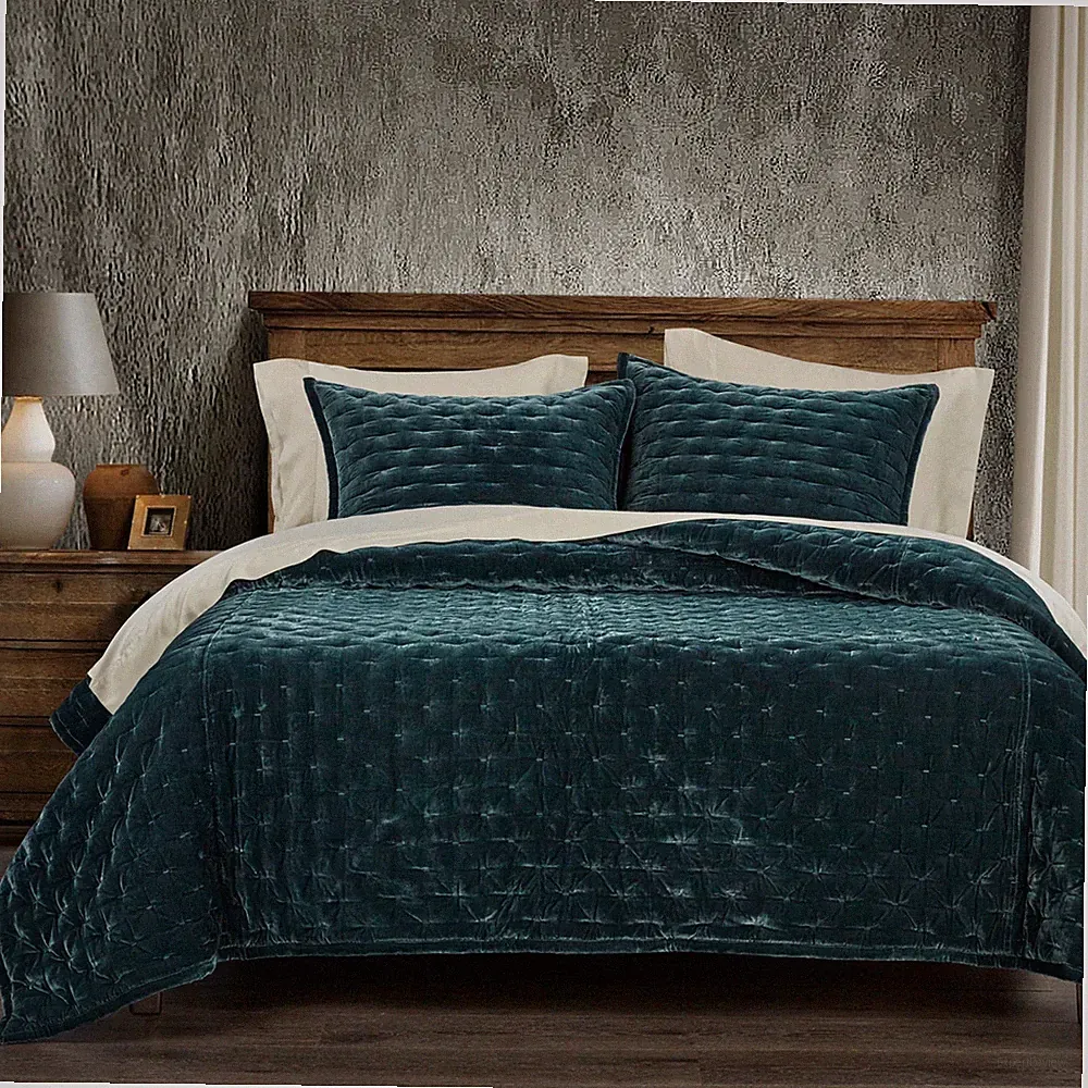 Storm Blue Stella Faux Silk Velvet Pintuck Country Full/Queen 3 Pc Quilt Set
