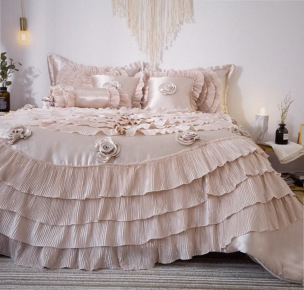 Tache Champagne Fancy Satin Ruffled Luxury Wedding Comforter Bedding Quilt Set