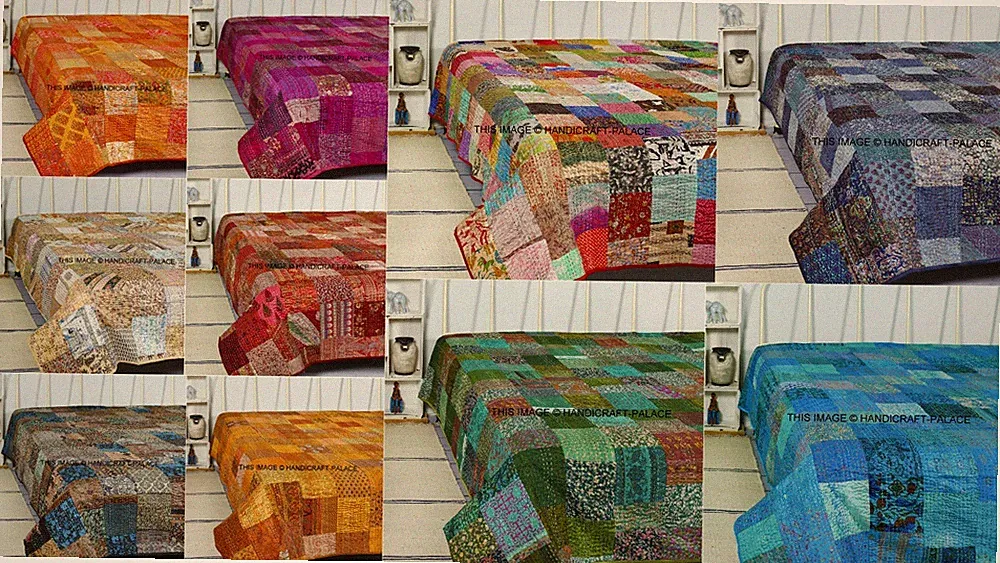 Vintage Silk Patchwork Kantha Quilt Blanket Bedspread Bedding Twin/Queen Throw
